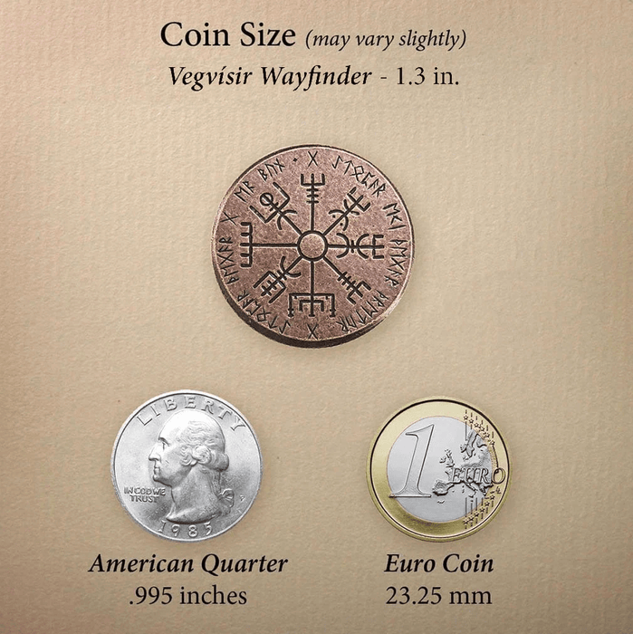 Vegvesir Bronze Norse Compass coin showing runes, Size comparison against a US quarter and 1 Euro coin