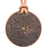 Vegvesir Bronze Norse Compass coin showing runes, necklace version on leather cord