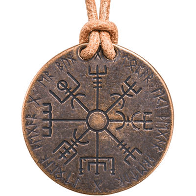 Vegvesir Bronze Norse Compass coin showing runes, necklace version on leather cord