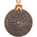 Vegvesir Bronze Norse Compass coin showing runes, necklace version on leather cord