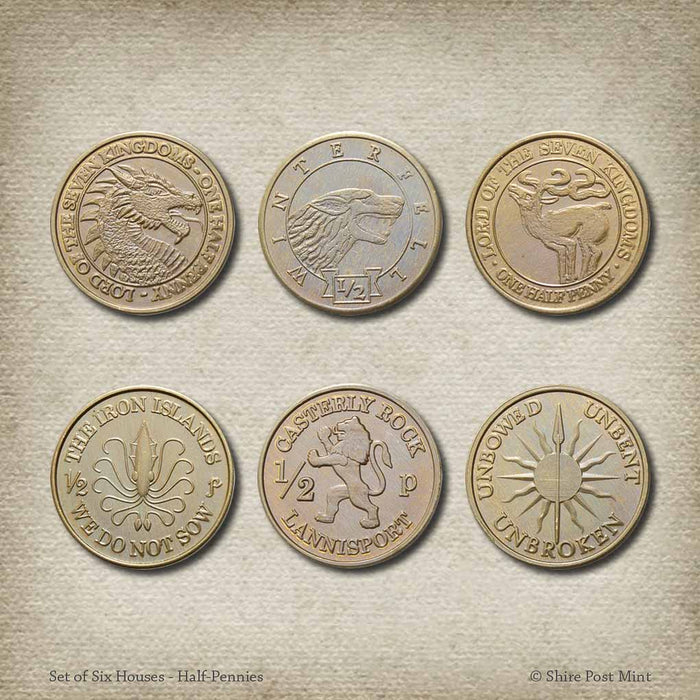 Set of coins for Westeros houses, showing 6 half pennies