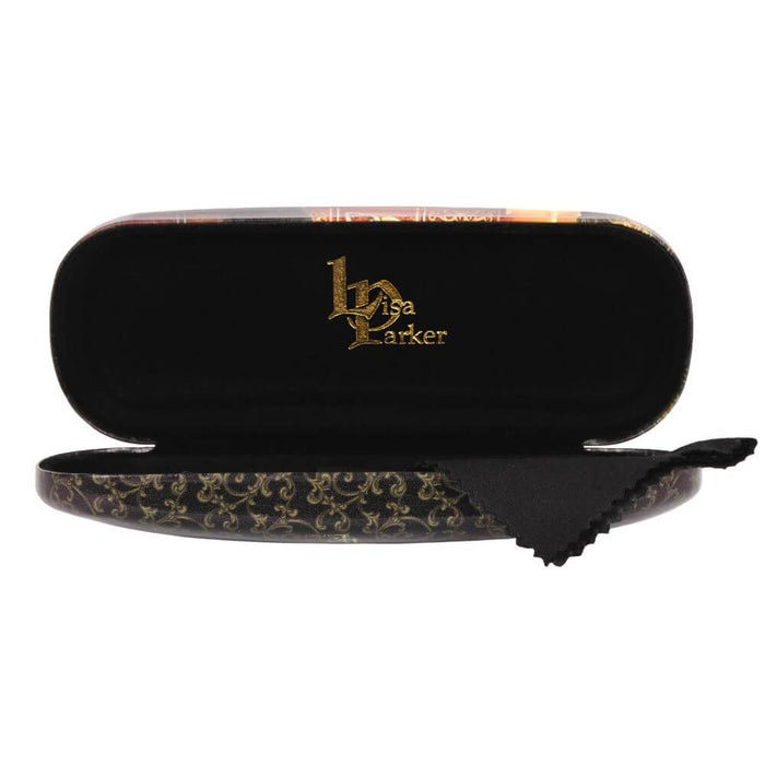 Open eyeglass case showing Lisa Parker logo and cleaning cloth