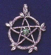 Wicca star necklace inside a wreath with gems that can be either red, green or red.