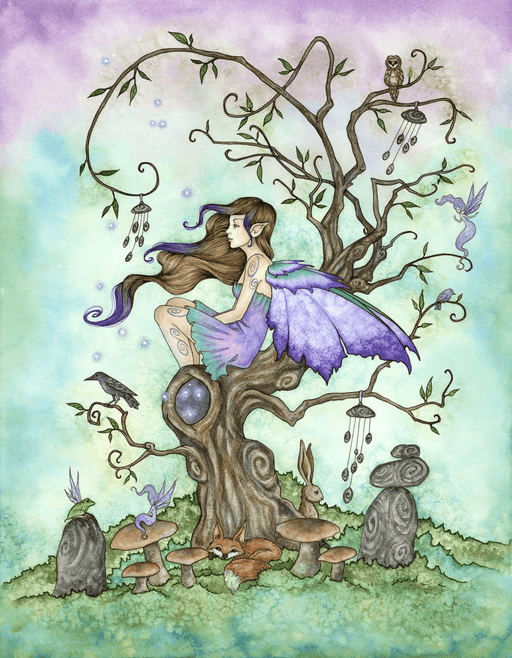 Fairy sitting on a tree with windchimes, accompanied by a raven, wind spirits, winged frog, owl, rabbit and fox. Art by Amy Brown
