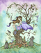 Fairy sitting on a tree with windchimes, accompanied by a raven, wind spirits, winged frog, owl, rabbit and fox. Art by Amy Brown