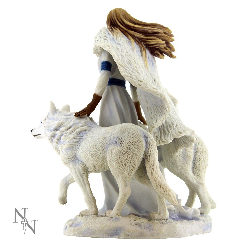 Back view of maiden with two white wolves. Showing her brown hair blowing and fur cloak