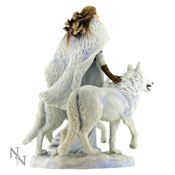 Woman in white fur cloak and her two winter wolves, shown from the back