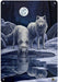 Two white wolves pause by a pond in a snowy landscape under a full moon on this metal art sign by Lisa Parker