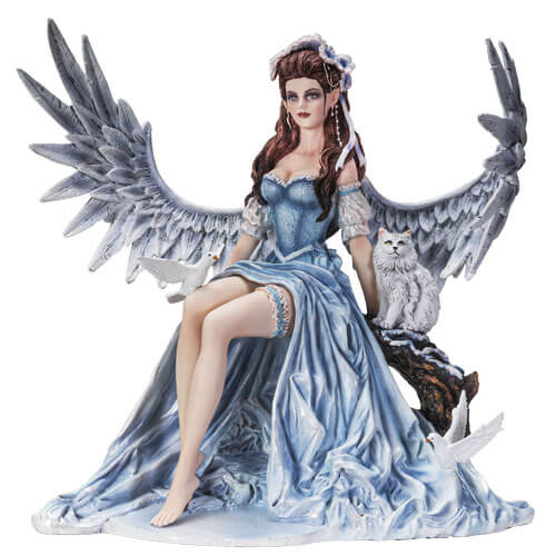 Angel fairy with silver feathered wings sits on a snowy branch. She has dark brown hair and a blue dress. She is joined by two white doves and a cat!