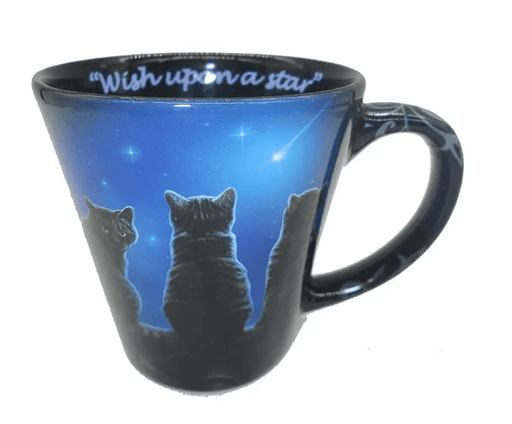 12 ounce latte style mug with three dark tabby cats. Two look at the stars and the other gazes back. Inside, "Wish Upon a Star" is written