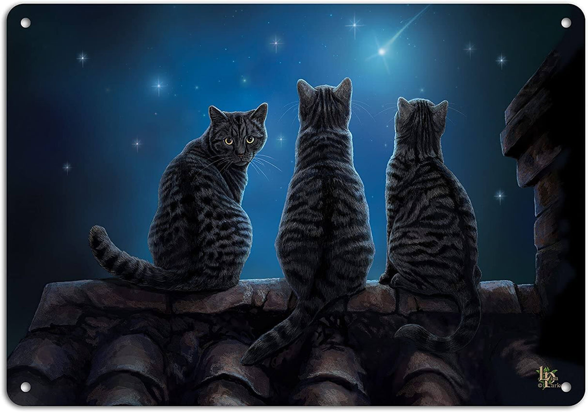 Three tabby cats sitting on a roof watching falling stars on a metal art plaque by Lisa Parker