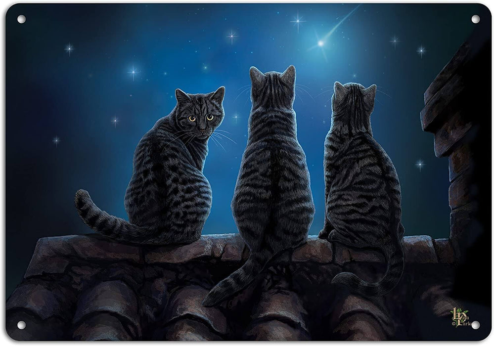 Three tabby cats sitting on a roof watching falling stars on a metal art plaque by Lisa Parker