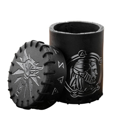 Black leather Witcher themed dice cup. School of the wolf symbol on the top of the lid with runes around the side, and Geralt's profile in silver on the side of the cup