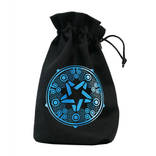Dice bag in black with blue arcane symbols on the front