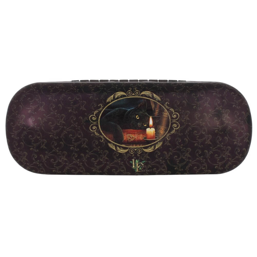 Back of eyeglass case with elegant pattern, black cat on books design, and Lisa Parker logo