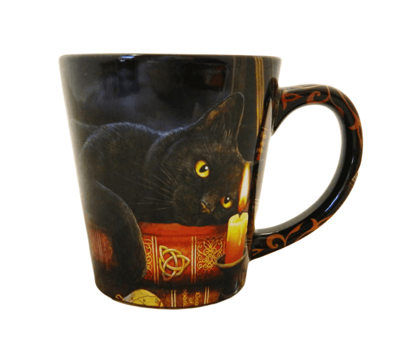 Latte style 12 ounce mug featuring a black cat with golden eyes, napping on a stack of arcane books and staring into a candle