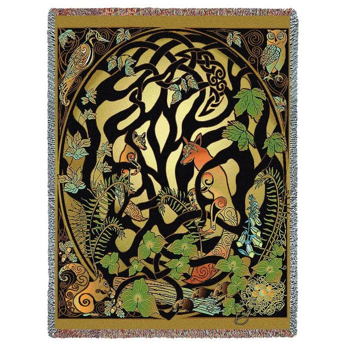 Foxes and woodland animals twine around a Celtic knotwork tree pattern on this tapestry throw blanket