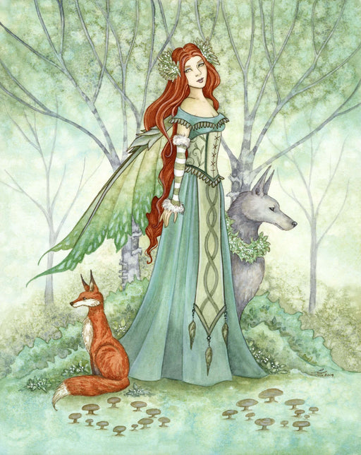 Red haired fairy in a green dress and wings with a wolf and a fox in the forest