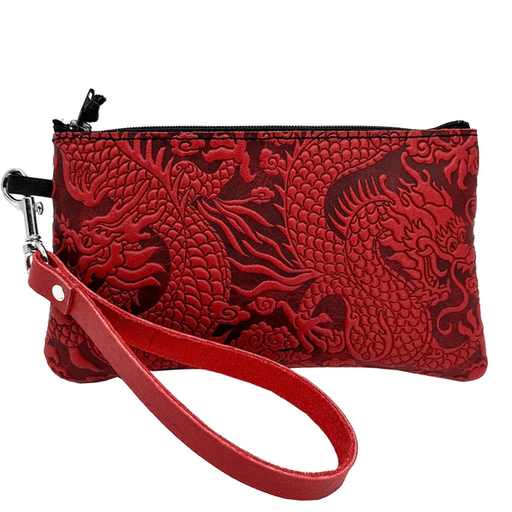 Leather wristlet zip pouch with cloud dragon design. Shown in red with detachable strap