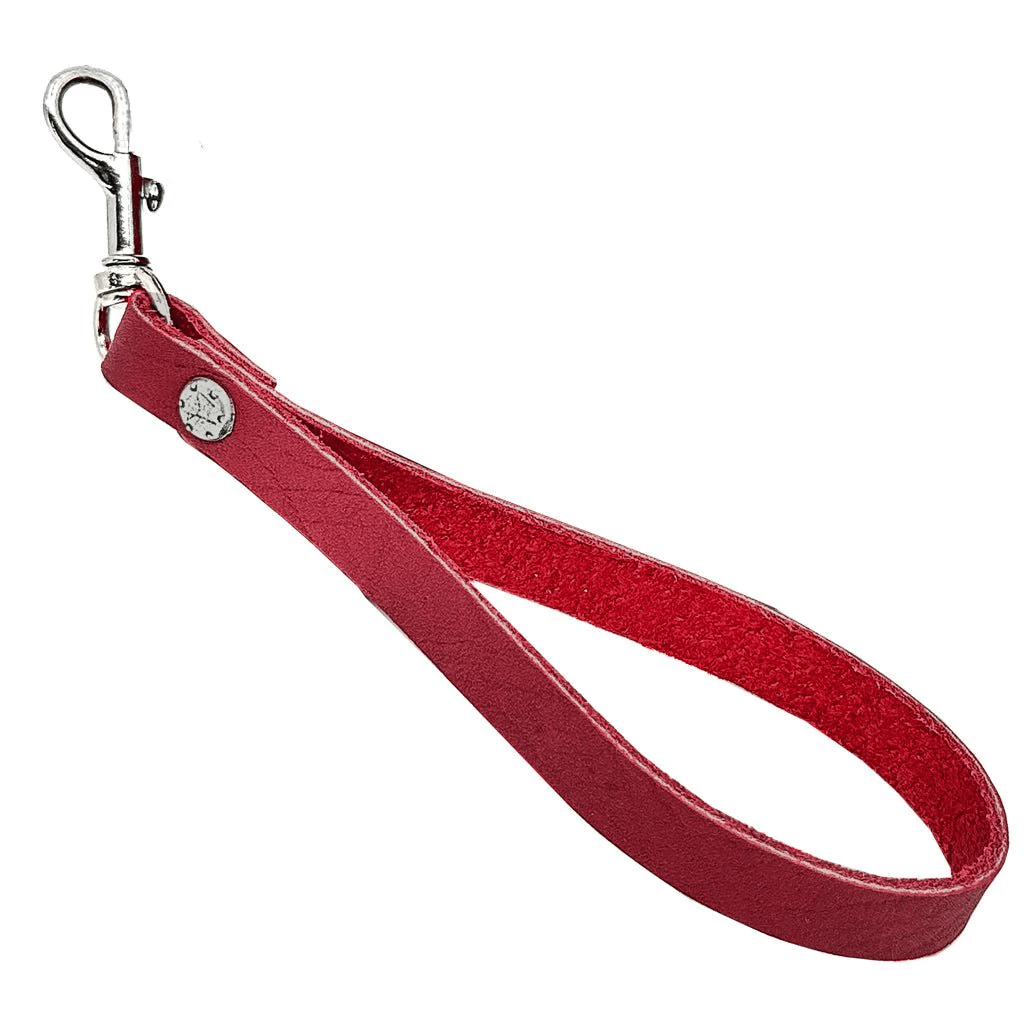 Leather Wristlet Pouch detachable strap, shown in red with silver metal clip