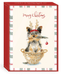Yorkie in reindeer antlers in a basket with a decorated sprig of pine on the front of a box of Christmas cards